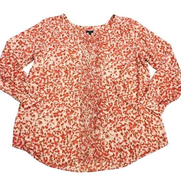 Talbots Woman 3X Orange Abstract Floral Pintuck Split Neck Blouse Long Sleeve - Picture 11 of 16